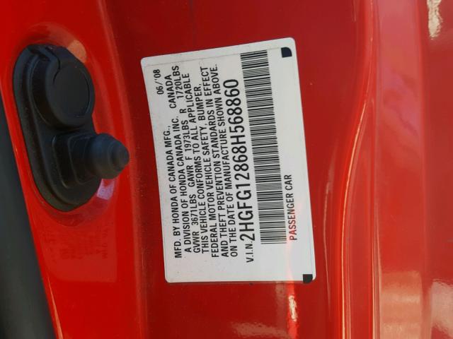2HGFG12868H568860 - 2008 HONDA CIVIC EX 红色 照片 10