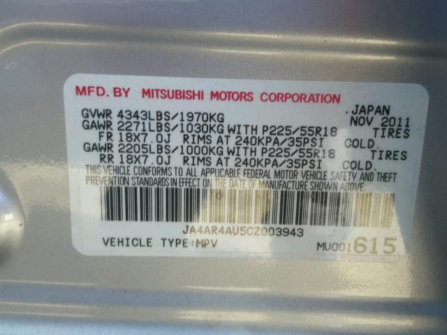 JA4AR4AU5CZ003943 - 2012 MITSUBISHI OUTLANDER SILVER photo 10