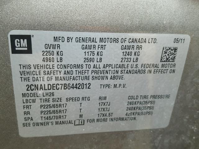 2CNALDEC7B6442012 - 2011 CHEVROLET EQUINOX LT GRAY photo 10