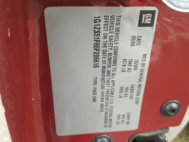 1G1ZS51F86F286616 - 2006 CHEVROLET MALIBU LS წითელი ფოტო 10