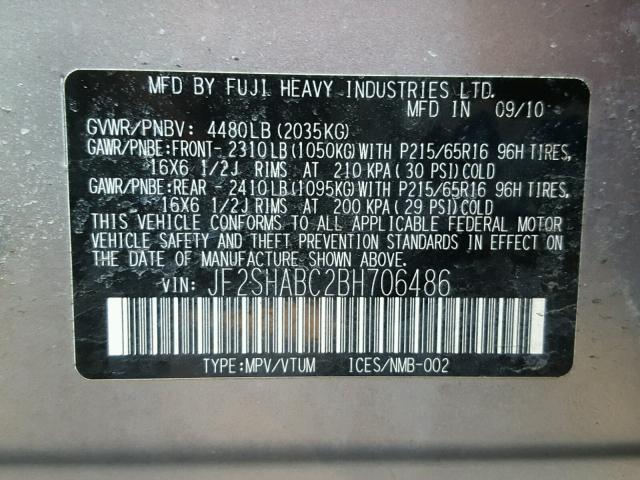 JF2SHABC2BH706486 - 2011 SUBARU FORESTER 2 SILVER photo 10