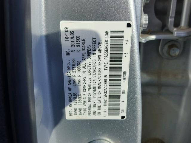 1HGCP2F32AA036615 - 2010 HONDA ACCORD LX SILVER photo 10