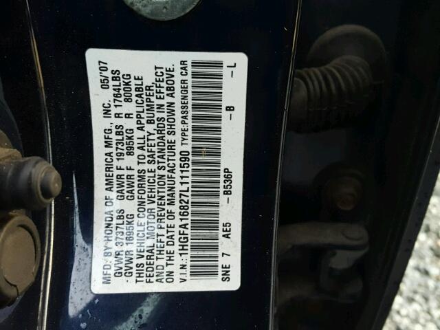 1HGFA16827L111590 - 2007 HONDA CIVIC EX ლურჯი ფოტო 10