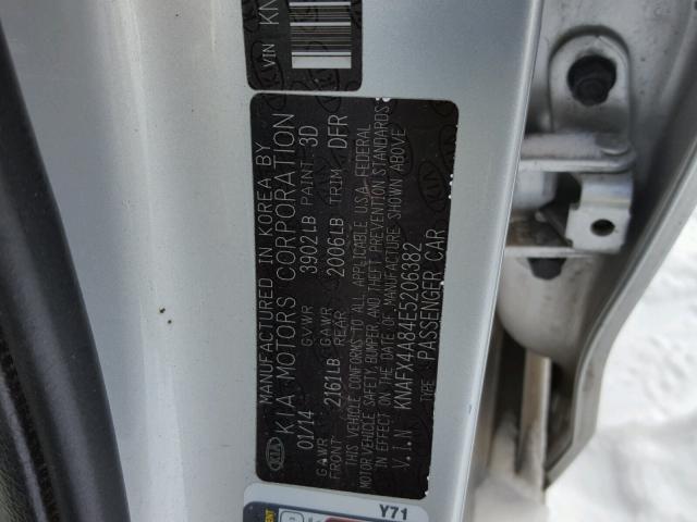 KNAFX4A84E5206382 - 2014 KIA FORTE EX SILVER photo 10