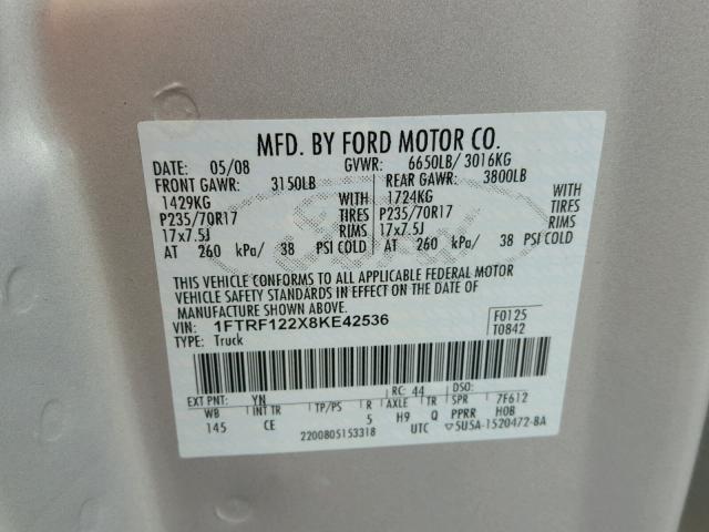 1FTRF122X8KE42536 - 2008 FORD F150 SILVER photo 10