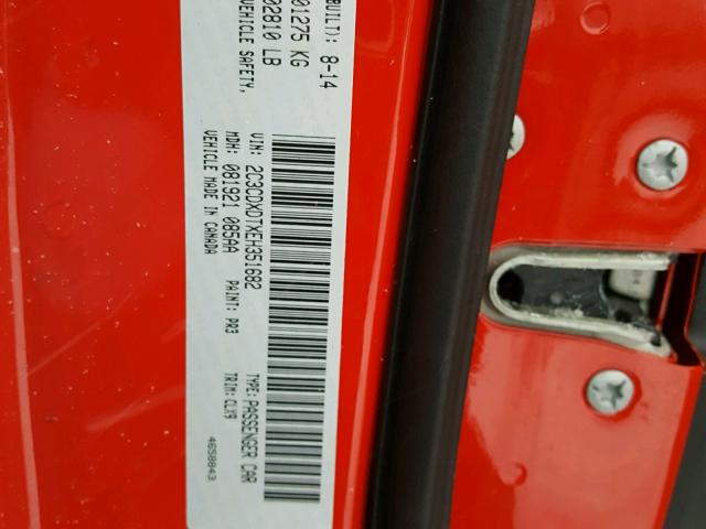 2C3CDXDTXEH351682 - 2014 DODGE CHARGER R/ RED photo 10