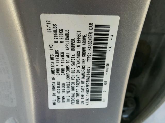 1HGCR2F75DA014027 - 2013 HONDA ACCORD EX SILVER photo 10