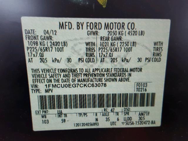 1FMCU0EG7CKC63078 - 2012 FORD ESCAPE LIM BLUE photo 10