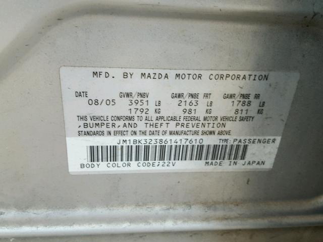 JM1BK323861417610 - 2006 MAZDA 3 S SILVER photo 10