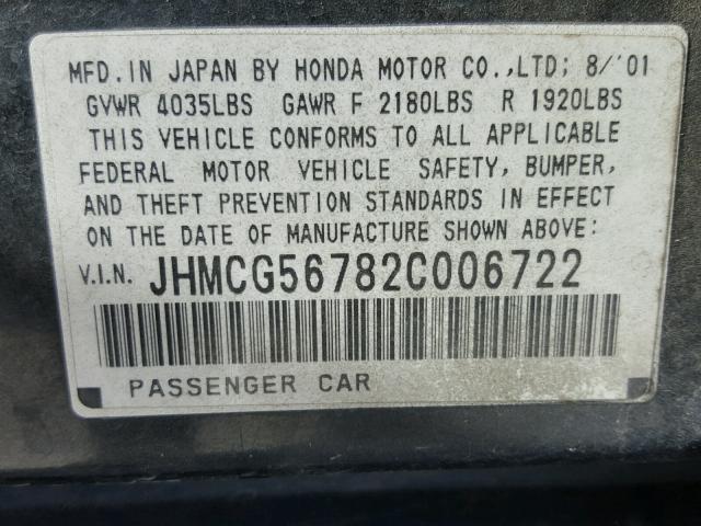 JHMCG56782C006722 - 2002 HONDA ACCORD SE CHARCOAL photo 10