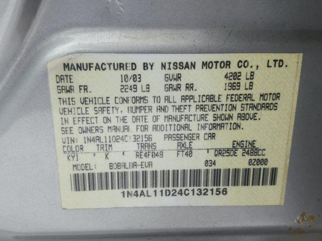 1N4AL11D24C132156 - 2004 NISSAN ALTIMA BAS SILVER photo 10