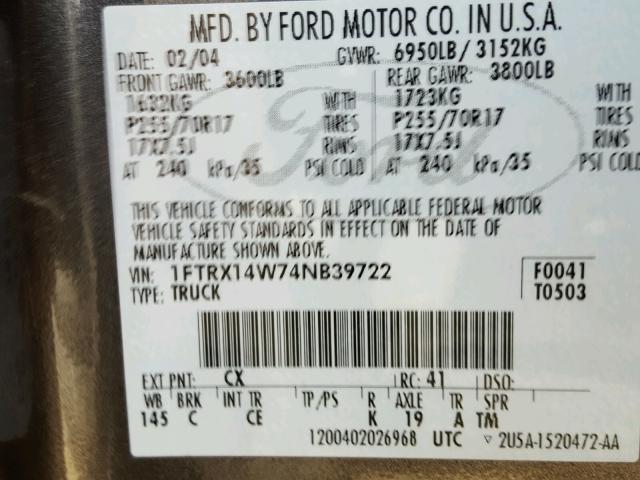 1FTRX14W74NB39722 - 2004 FORD F150 GRAY photo 10