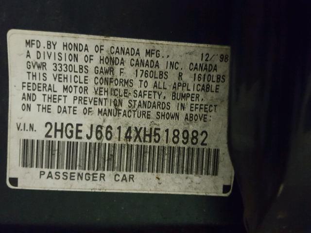 2HGEJ6614XH518982 - 1999 HONDA CIVIC BASE GREEN photo 10