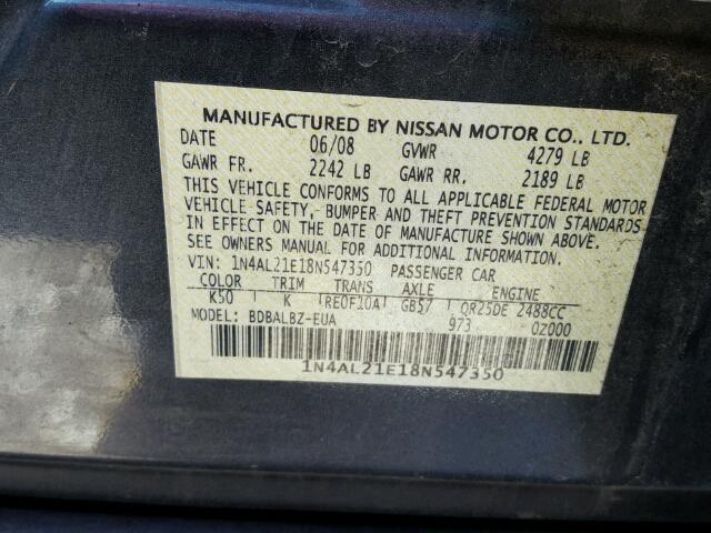 1N4AL21E18N547350 - 2008 NISSAN ALTIMA 2.5 BLACK photo 10