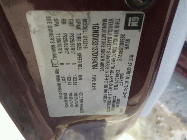 1GNDV33137D194784 - 2007 CHEVROLET UPLANDER L MAROON photo 10