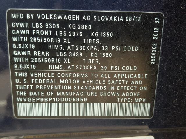 WVGEP9BP1DD005959 - 2013 VOLKSWAGEN TOUAREG V6 BLUE photo 10