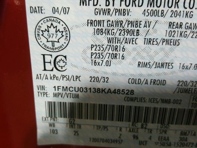 1FMCU03138KA48528 - 2008 FORD ESCAPE XLT RED photo 10