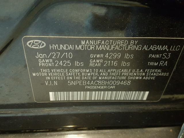 5NPEB4AC8BH009468 - 2011 HYUNDAI SONATA GLS BLACK photo 10