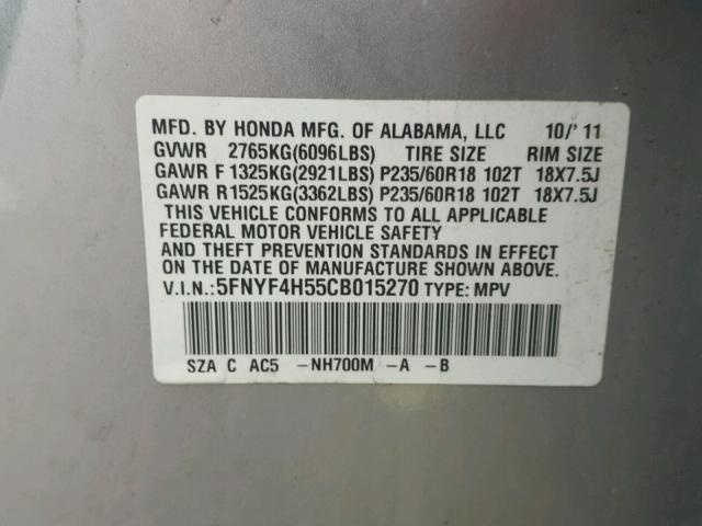 5FNYF4H55CB015270 - 2012 HONDA PILOT EXL SILVER photo 10