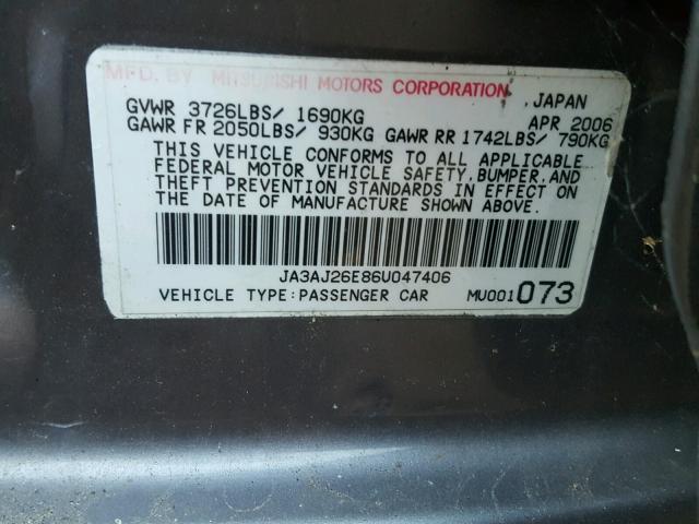 JA3AJ26E86U047406 - 2006 MITSUBISHI LANCER ES GRAY photo 10