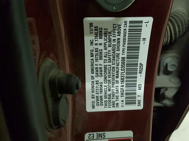 1HGFA16837L035698 - 2007 HONDA CIVIC EX MAROON photo 10