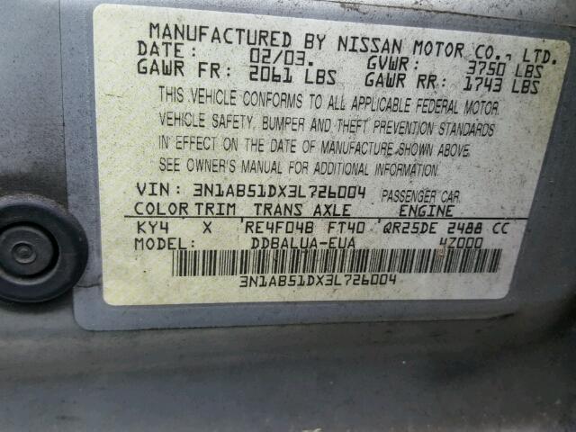 3N1AB51DX3L726004 - 2003 NISSAN SENTRA SE- SILVER photo 10