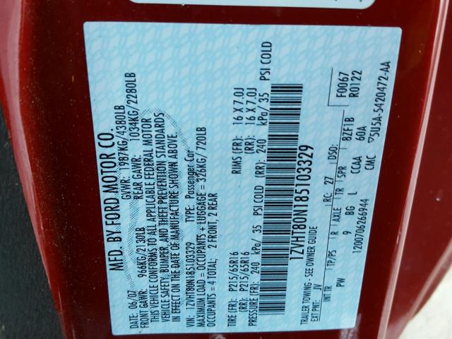 1ZVHT80N185103329 - 2008 FORD MUSTANG RED photo 10