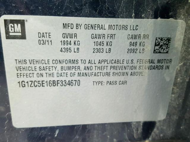 1G1ZC5E16BF334670 - 2011 CHEVROLET MALIBU 1LT BLUE photo 10