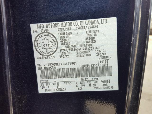 2FTRX08L2YCA41901 - 2000 FORD F150 BLUE photo 10