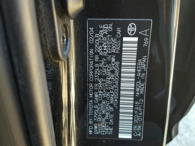 JTDKB20U540048598 - 2004 TOYOTA PRIUS BLACK photo 10