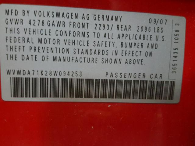 WVWDA71K28W094253 - 2008 VOLKSWAGEN RABBIT RED photo 10