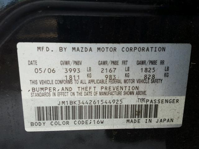 JM1BK344261544925 - 2006 MAZDA 3 HATCHBAC BLACK photo 10