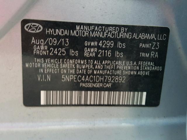 5NPEC4AC1DH792892 - 2013 HYUNDAI SONATA SE BLUE photo 10