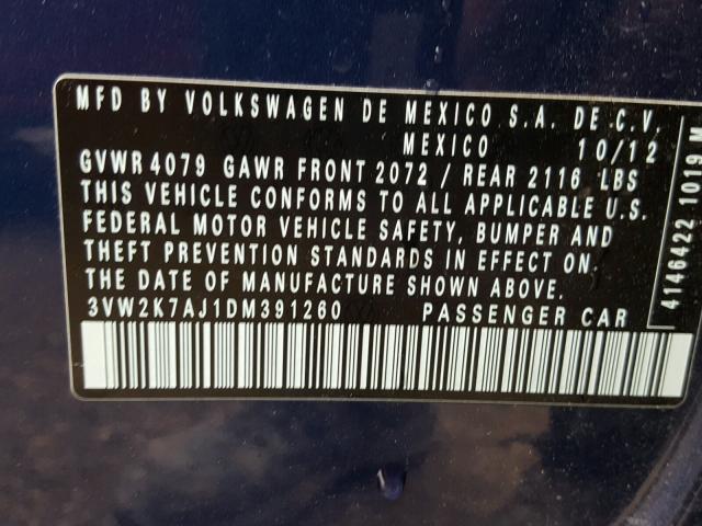 3VW2K7AJ1DM391260 - 2013 VOLKSWAGEN JETTA BASE 蓝色 照片 10