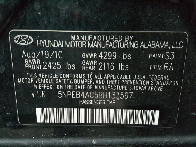 5NPEB4AC5BH133567 - 2011 HYUNDAI SONATA GLS BLACK photo 10