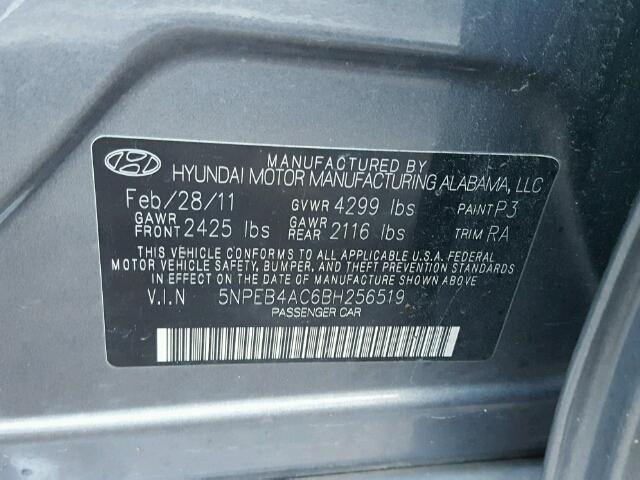 5NPEB4AC6BH256519 - 2011 HYUNDAI SONATA GLS GRAY photo 10