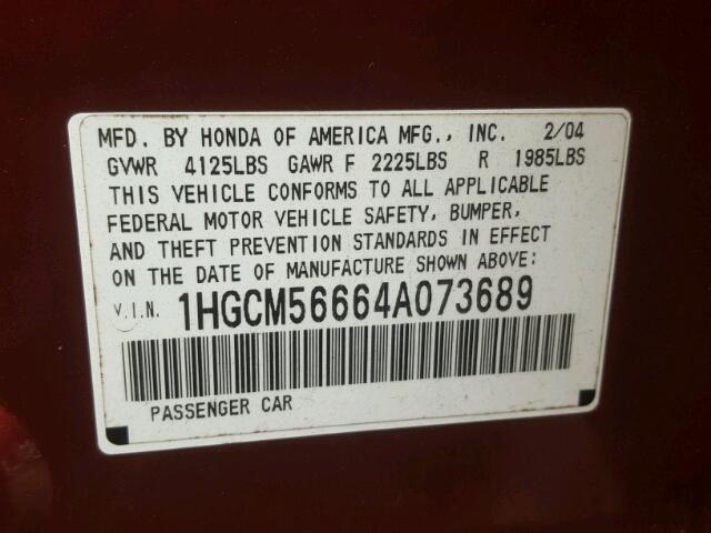 1HGCM56664A073689 - 2004 HONDA ACCORD EX MAROON photo 10