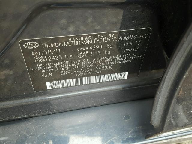 5NPEB4AC6BH285986 - 2011 HYUNDAI SONATA GLS BLUE photo 10