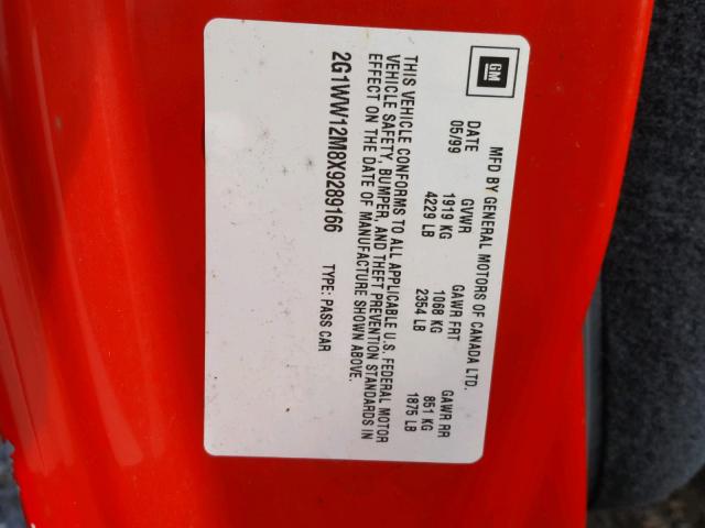 2G1WW12M8X9289166 - 1999 CHEVROLET MONTE CARL წითელი ფოტო 10