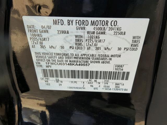 1FMCU03148KA49557 - 2008 FORD ESCAPE XLT BLACK photo 10