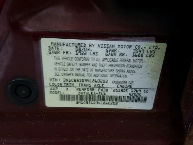 3N1CB51D34L860203 - 2004 NISSAN SENTRA 1.8 BURGUNDY photo 10