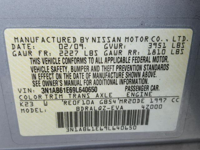 3N1AB61E69L640650 - 2009 NISSAN SENTRA 2.0 SILVER photo 10