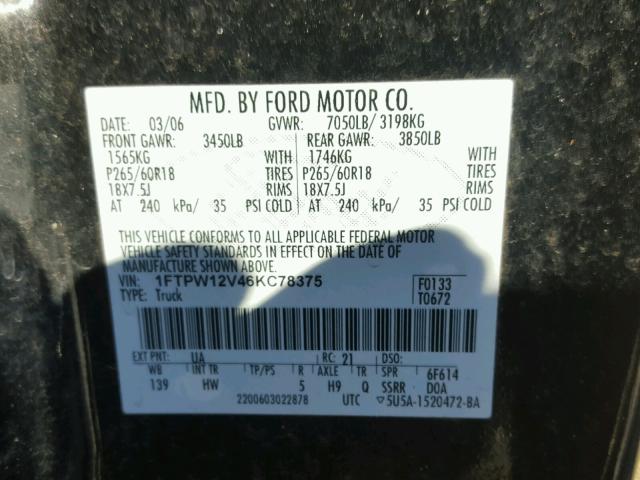 1FTPW12V46KC78375 - 2006 FORD F150 SUPER BLACK photo 10