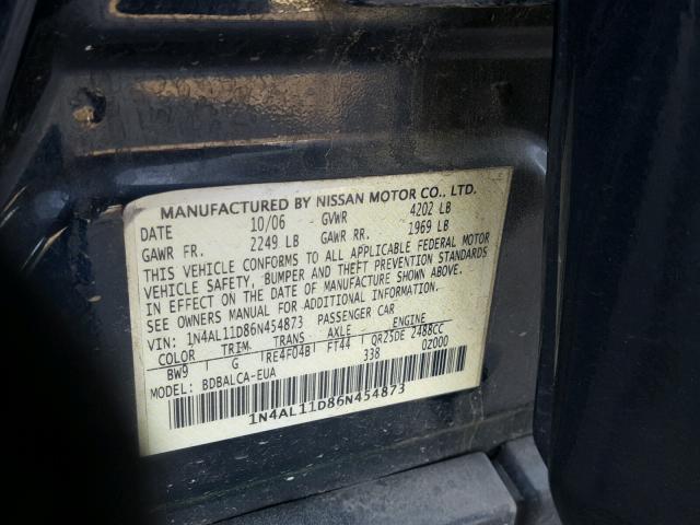 1N4AL11D86N454873 - 2006 NISSAN ALTIMA S BLUE photo 10