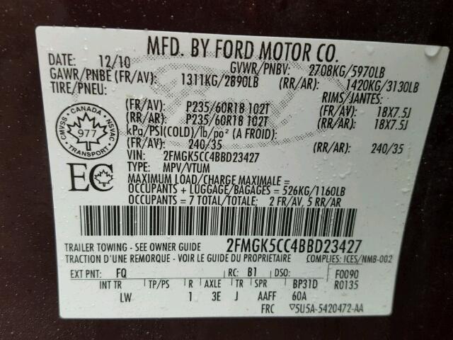 2FMGK5CC4BBD23427 - 2011 FORD FLEX SEL მუქწითელი ფოტო 10