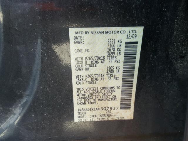 1N6BA0EK1AN307937 - 2010 NISSAN TITAN XE GRAY photo 10