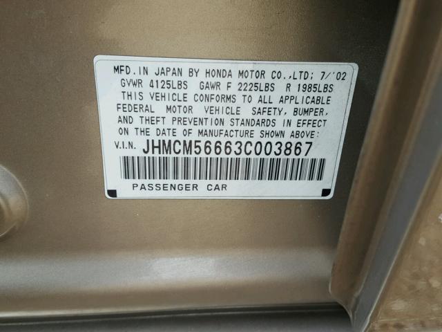 JHMCM56663C003867 - 2003 HONDA ACCORD EX GOLD photo 10