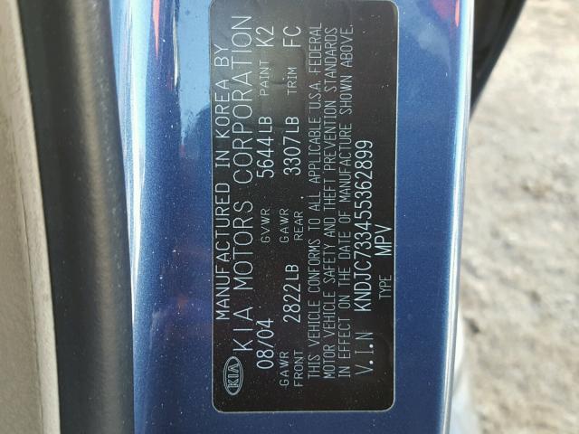 KNDJC733455362899 - 2005 KIA SORENTO EX BLUE photo 10