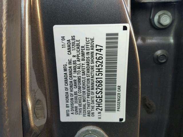 2HGES26815H526747 - 2005 HONDA CIVIC EX GRAY photo 10