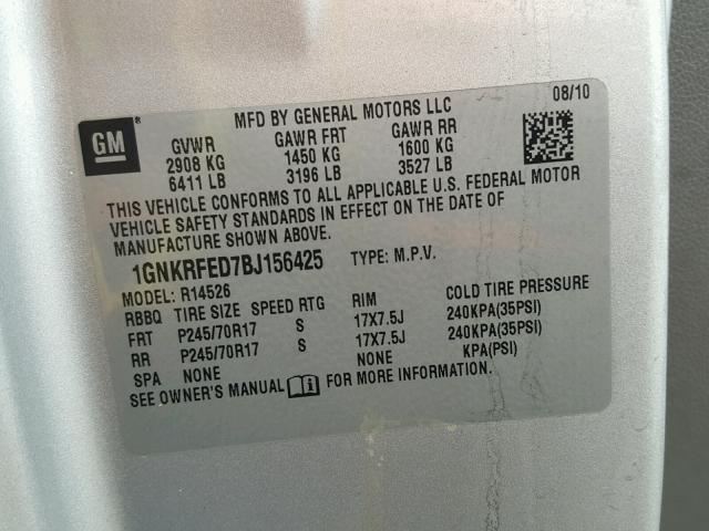 1GNKRFED7BJ156425 - 2011 CHEVROLET TRAVERSE L SILVER photo 10